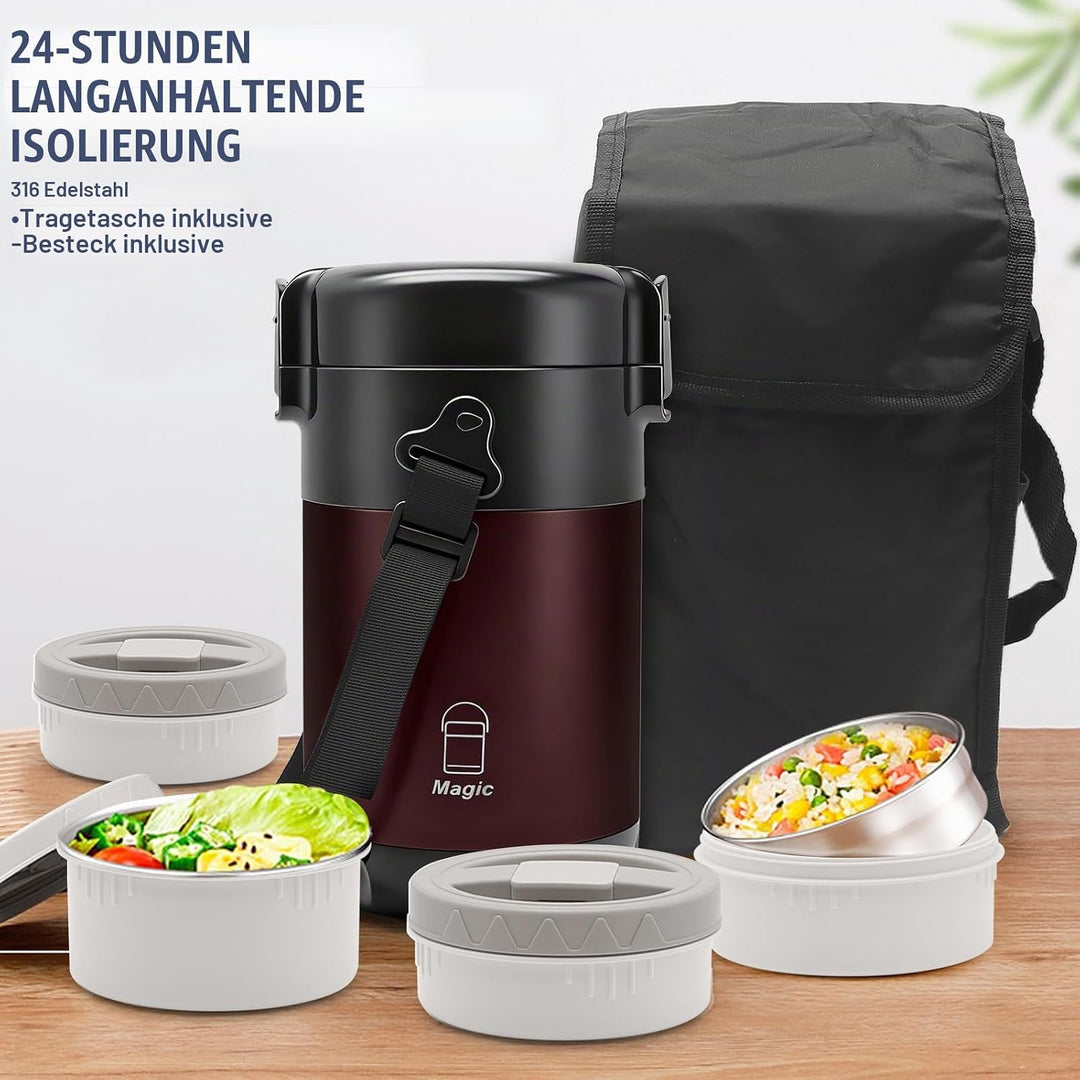 KATLKIU Thermobehälter Essen mit 4 Einzelnen Trennbehältern, Isolier-Lunchbox Edelstahl 2.6L, Auslau