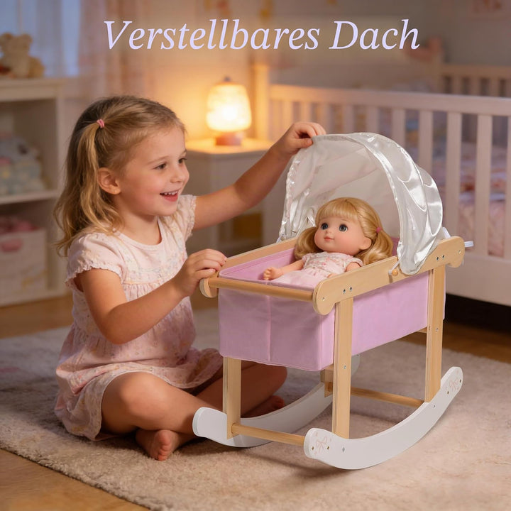 ROBUD Puppenwiege mit Baldachin für 45 cm Puppen, Puppenbett Holz mit Schaukelfunktion, Matratze und