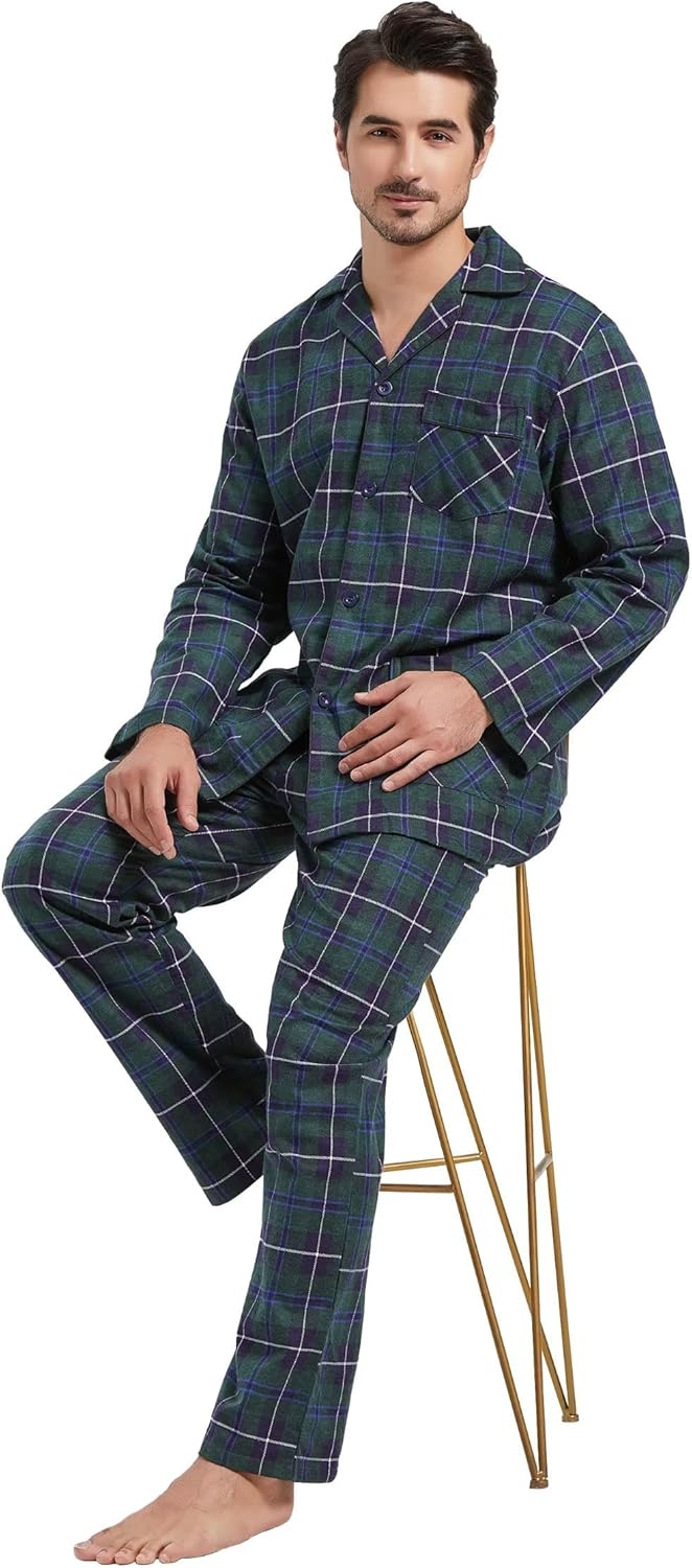 Amaxer Flanell Schlafanzug Herren 100% Baumwolle Pyjama mit Knopfleiste Set Lang Warmer Winter Schla