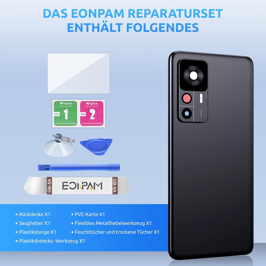 Eonpam Akkudeckel für Xiaomi 12T Rückseite Glas Original Backcover Back Glas Ersatz Reparatur Set mi