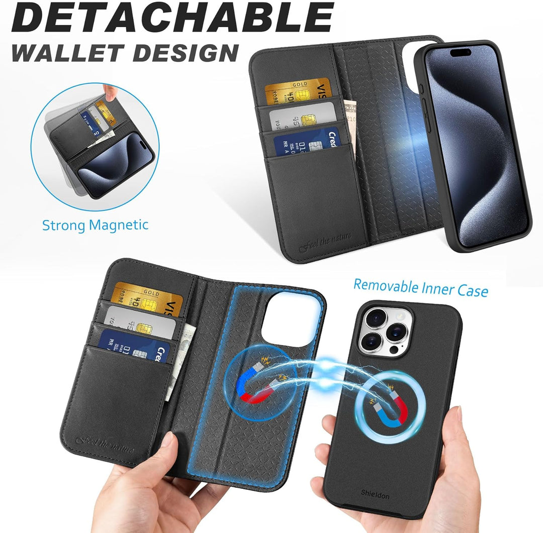 SHIELDON Hülle für iPhone 15 Pro, Echtleder Handyhülle [Abnehmbar] [kabelloses Laden] [Kartenfach] [