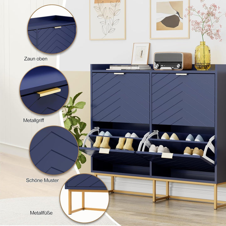 UEV Schuhschrank schmal mit 4 Klappen, 100x24x103,5cm Schuhregal (Blau) | Schuhkommode Geschlossen m