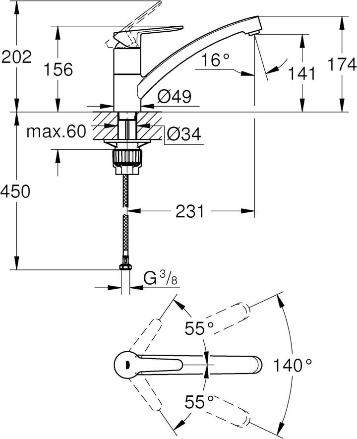 GROHE BauEco - Einhand-Spültischbatterie (flacher Auslauf, Schwenkbereich 140°, Einlochmontage), chr