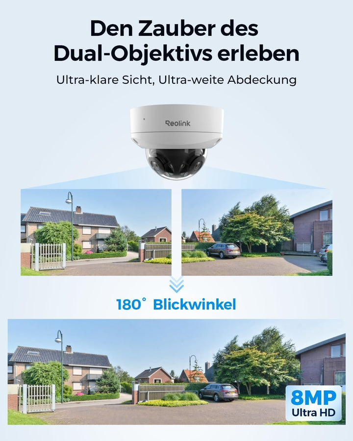 Reolink 4K 8MP 180° Dual-Objektiv PoE IP-Kamera, IK10 Vandalismusschutz, Personen-/Fahrzeug-/Tiererk