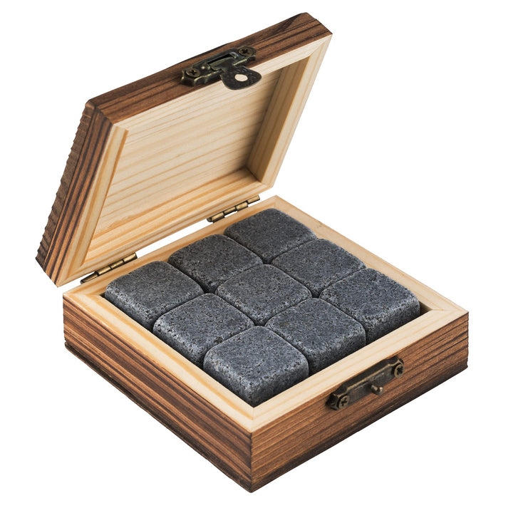 9 Whiskey Steine, 2 x 2 cm, Geschenkset Basic, stilvolle Holzbox, Wiederverwendbare, natürliche Eisw