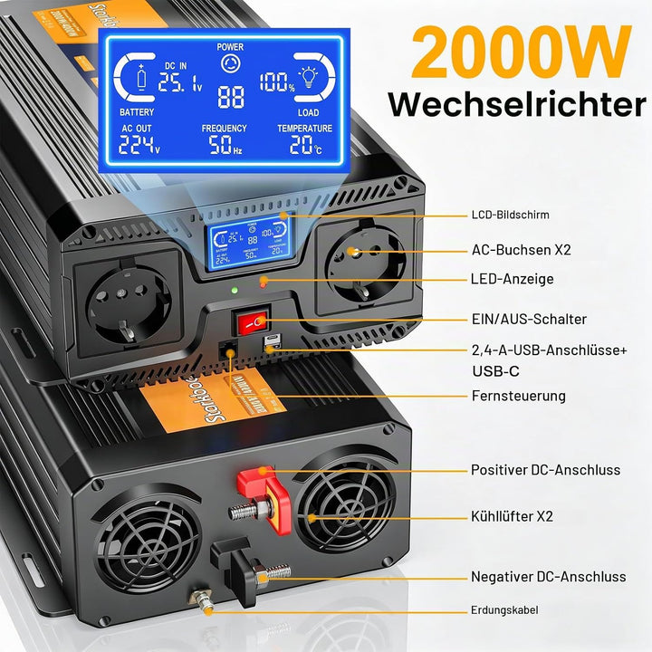 Starkbaer 2000W Wechselrichter 24v auf 230v Reiner Sinus Spannungswandler mit LCD-Bildschirm, Fernbe