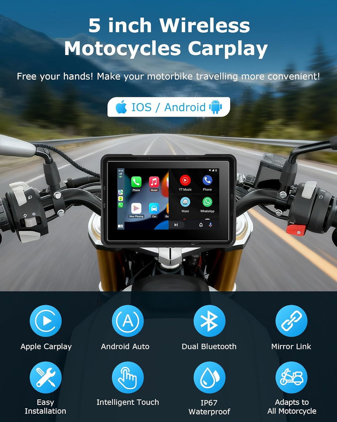 Motorrad Carplay Bildschirm Android Auto Motorrad mit 5 Zoll Wasserdichter Touchscreen, Kabelloses C