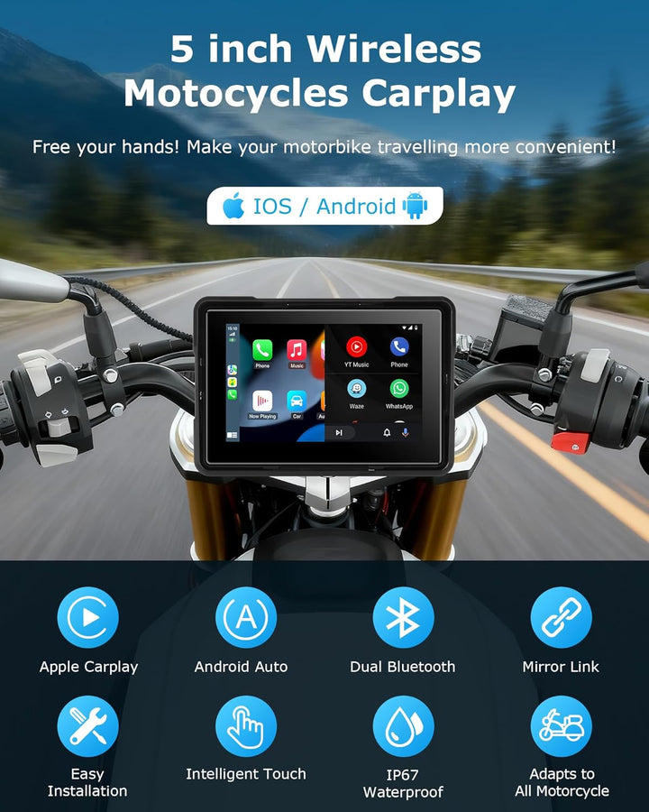 Motorrad Carplay Bildschirm Android Auto Motorrad mit 5 Zoll Wasserdichter Touchscreen, Kabelloses C