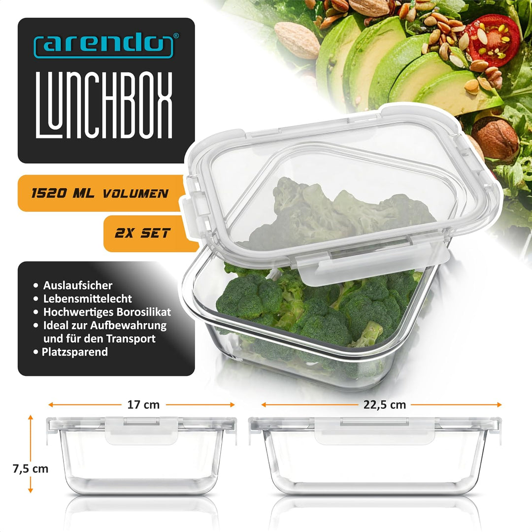Arendo - Lunchboxen Glas - Frischhaltedosen für Lebensmittel mit Deckel luftdicht - 2er Set - 1520 m