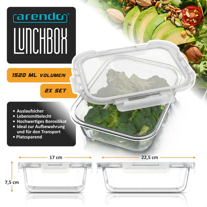 Arendo - Lunchboxen Glas - Frischhaltedosen für Lebensmittel mit Deckel luftdicht - 2er Set - 1520 m