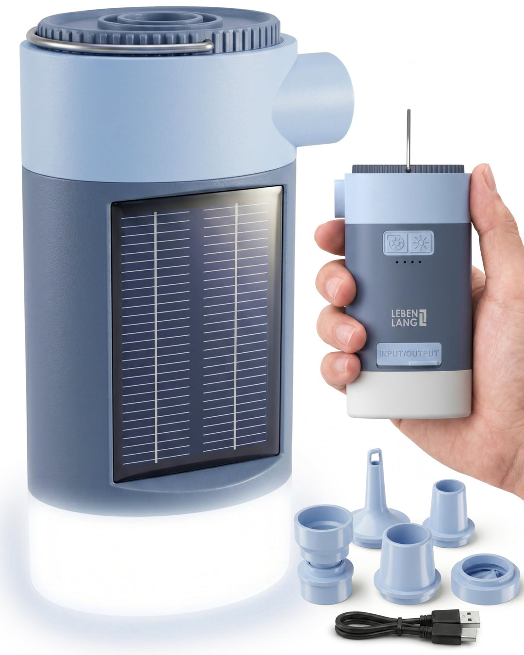 LEBENLANG 3 in 1 Elektro Luftpumpe Akku - 4,5kPa & 4000mAh mit Solarpanel I IPX4 Elektrische Pumpe A
