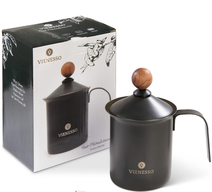 VIENESSO Milchaufschäumer (Manuell/Hand) aus Edelstahl - Milk Frother/Milchschäumer mit Doppelsieb: