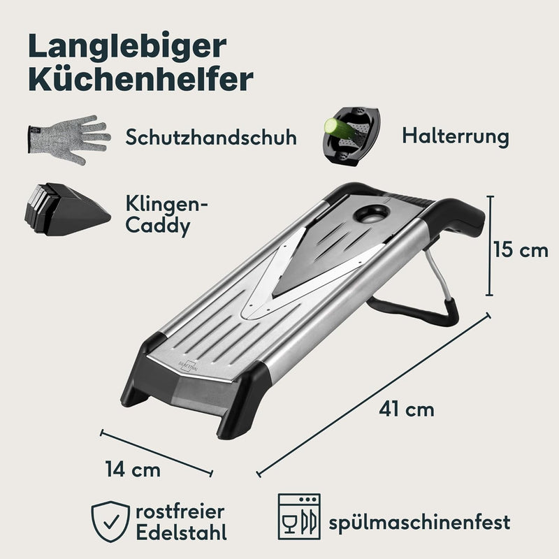 SILBERTHAL Gemüsehobel Mandoline mit scharfen Klingen - V-Hobel mit Einsätzen, Klingenschutz und Han