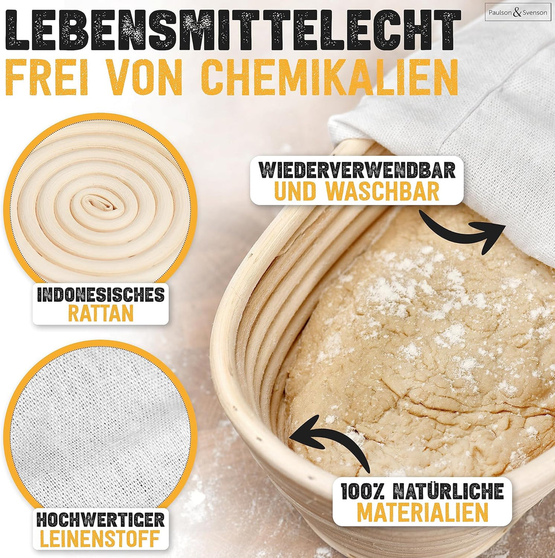 Paulson & Svenson - 2 Stück Gärkörbchen oval im Komplett-Set zum Brotbacken - 100% natürlichem Ratta