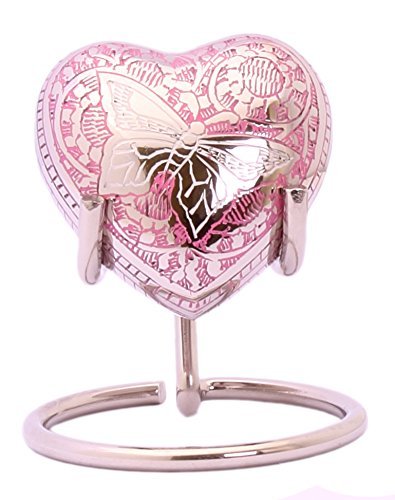 Kleine Urne für Asche, Herzform, mit Box und Ständer, Schmetterlingsmotiv, Rosa Rosa Schmetterling (