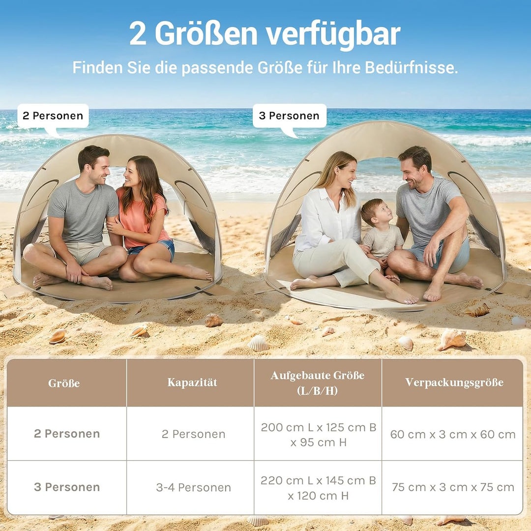 Wolfwise Pop Up Strandmuschel für 3-4 Personen, Sofort Aufbau, UV-Schutz 50+, Wasserabweisend, Belüf