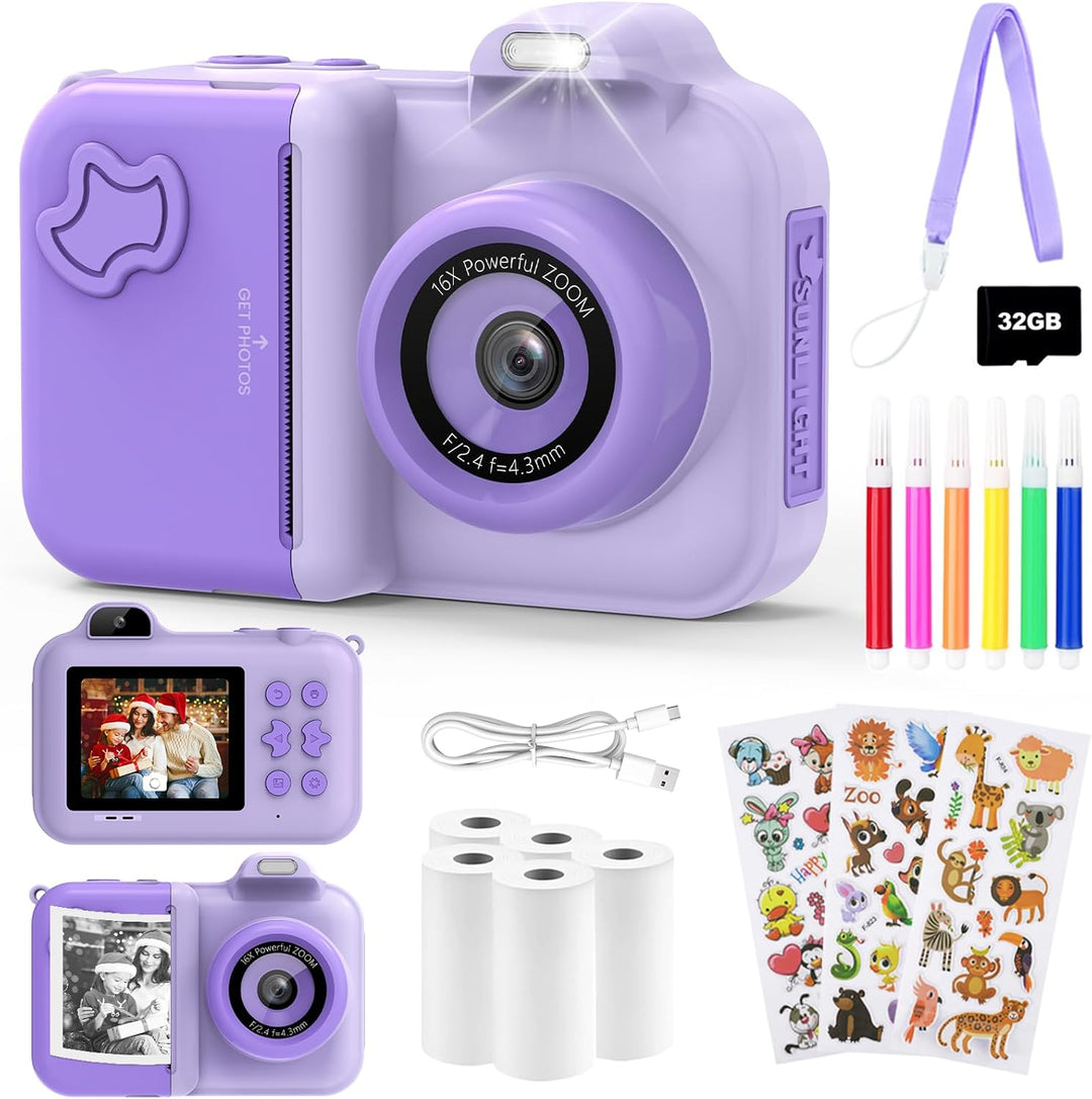Sofortbildkamera Kinder, 24MP 2.4 Zoll Bildschirm Kinderkamera Sofortbildkamera mit Selfie, 32G Kart