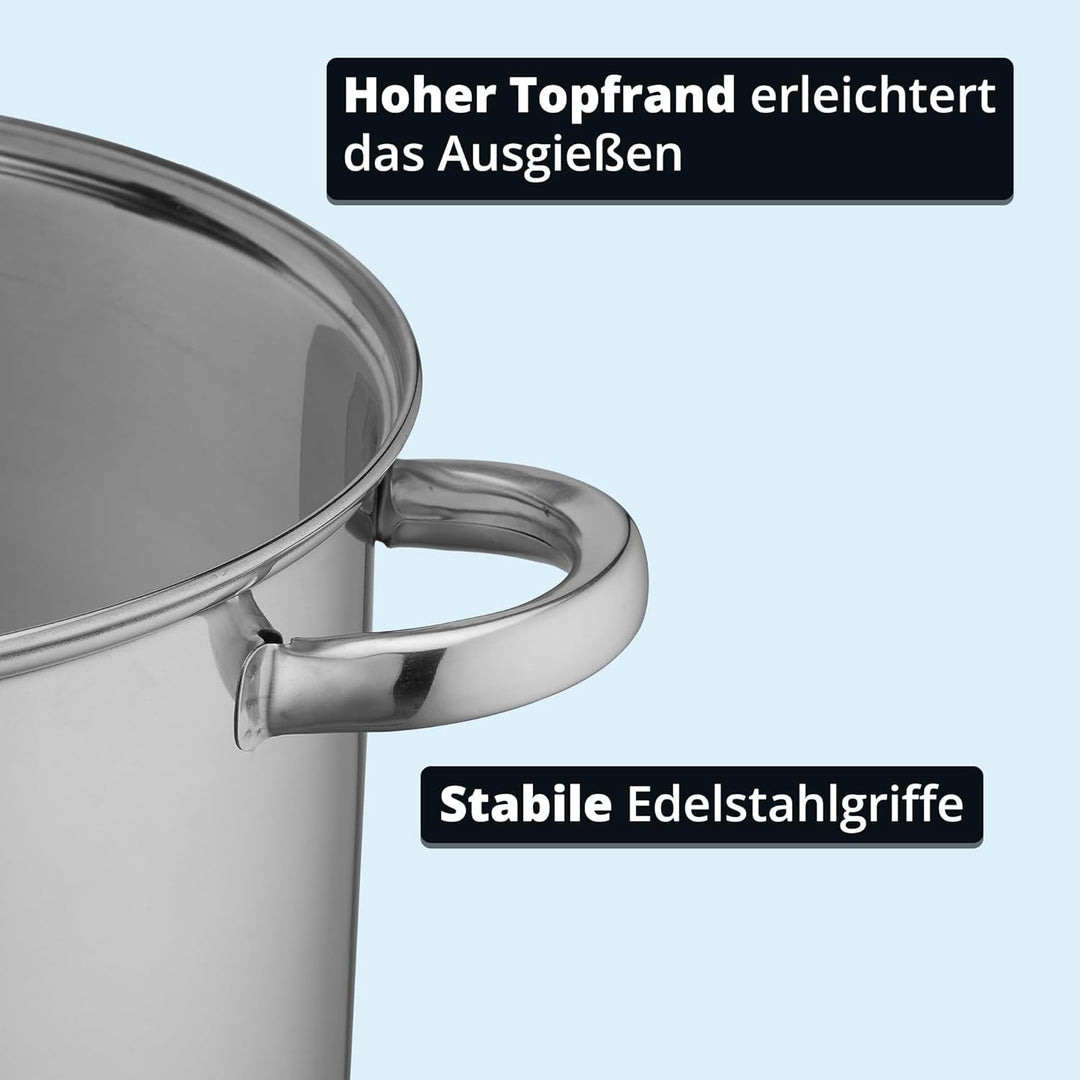 KHG Topf Kochtopf 26 cm, 10 Liter Induktion, Edelstahl unbeschichtet inkl. Glasdeckel | XXL Suppento