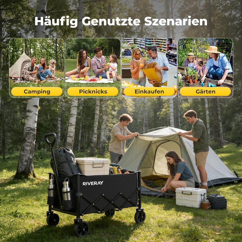 Bollerwagen Faltbar 120L 120KG, Klappbarer Bollerwagen mit Abnehmbarer Stofftasche Verstellbarem Gri