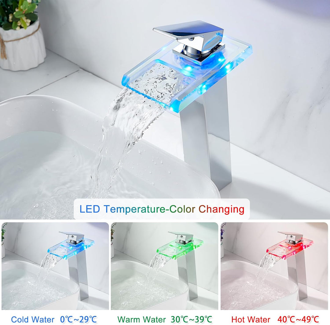 LED Wasserfall Wasserhahn Hoch aus Glas und Messing, 3 Farbewechsel Waschtischarmatur mit Temperatur