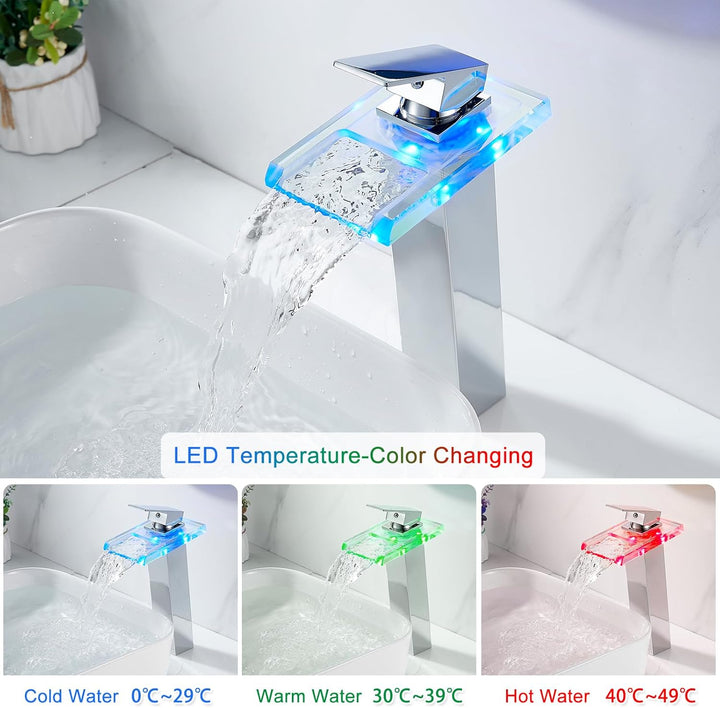 LED Wasserfall Wasserhahn Hoch aus Glas und Messing, 3 Farbewechsel Waschtischarmatur mit Temperatur