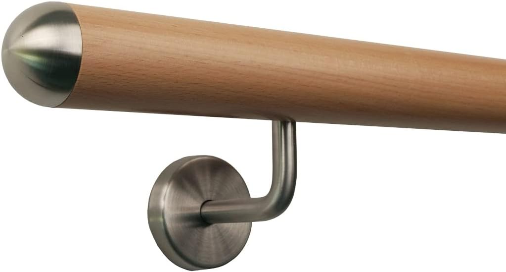 TIBU Buche Geländer Handlauf Treppe Holz Griff gew. Edelstahlhalter, Länge 30 - 500 cm aus einem Stü