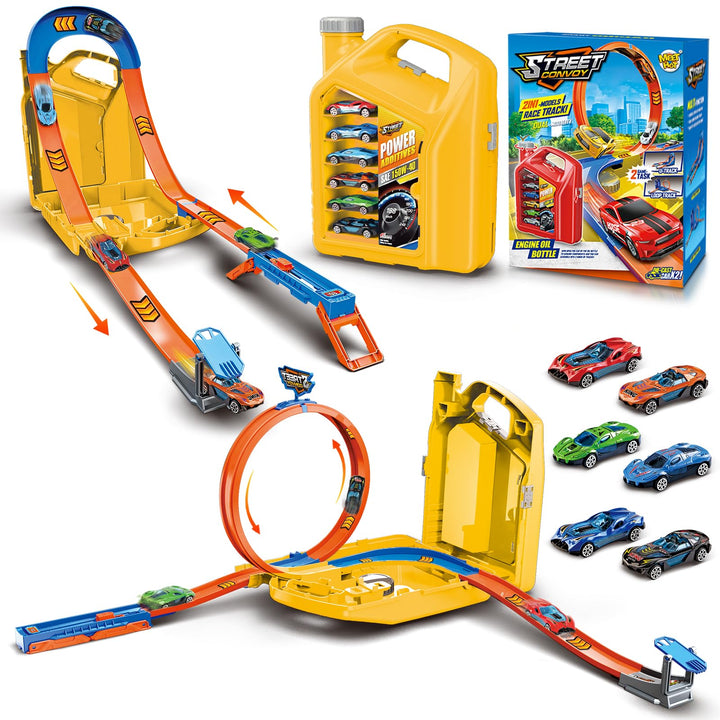 Autorennbahn für Kinder, Rennstrecke Auto Spielzeug mit 6 Autos, Aufbewahrungsbox, Auto Rennbahn Mit