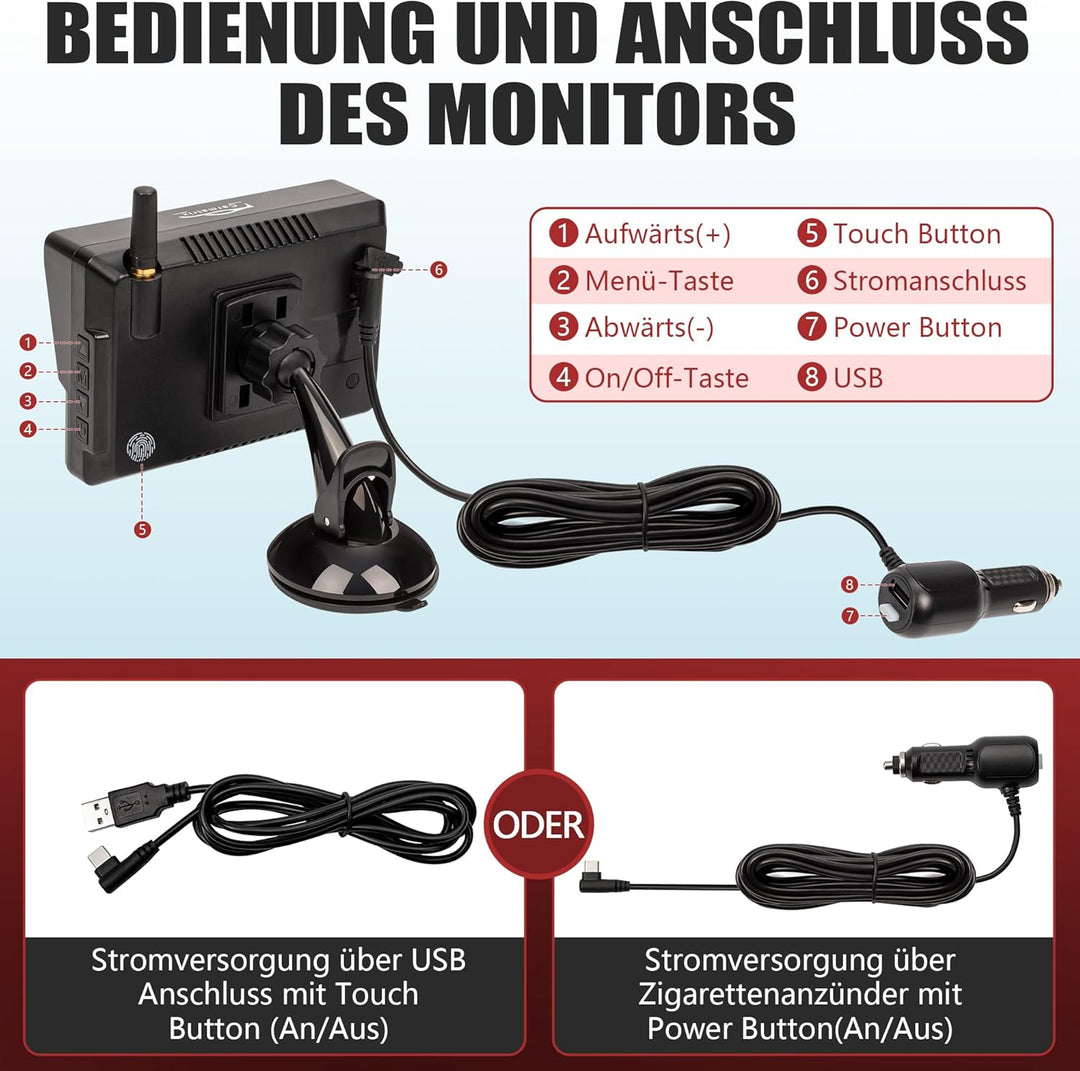 Solar Funk Auto Rückfahrsystem HD Rückfahrkamera im KFZ Nummernschild mit 5" IPS Monitor Vorne und H