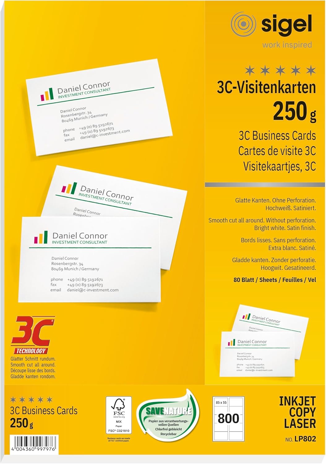SIGEL LP802 bedruckbare Visitenkarten 3C, 800 Stück (80 Blatt), hochweiss, glatter Schnitt rundum, 2