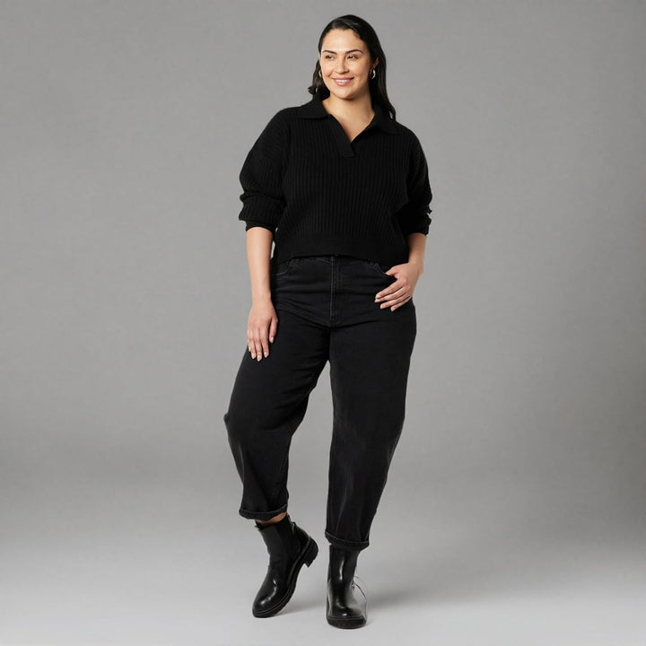 The Drop Damen Marcy Geripptes Polotop Pullover Sweater (1er Pack) M Schwarz, M Schwarz