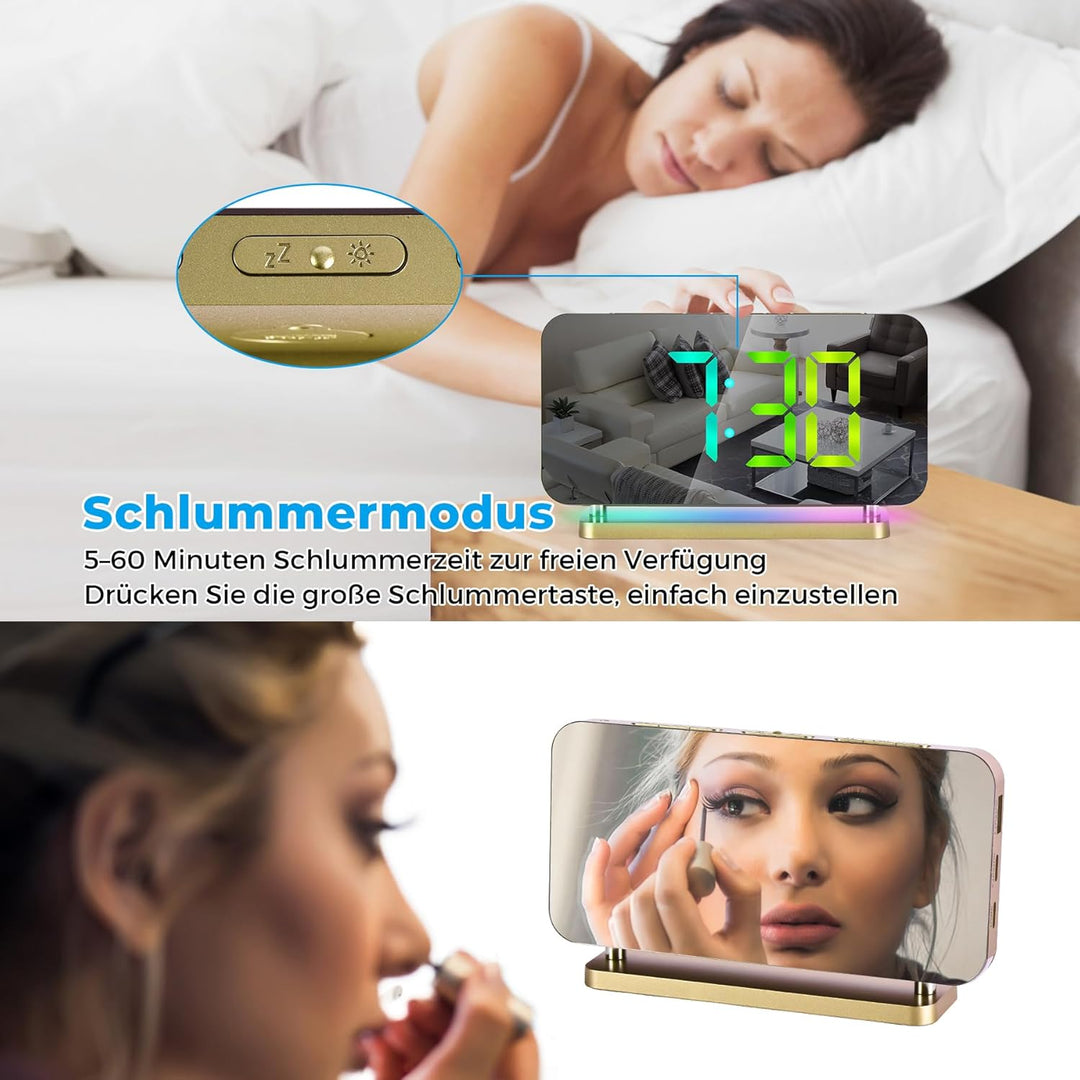 SZELAM Wecker Digital,Wecker Nachttisch,7,4" LED-Spiegeluhr mit 10 Modi RGB-Nachtlicht,11 Farben LED