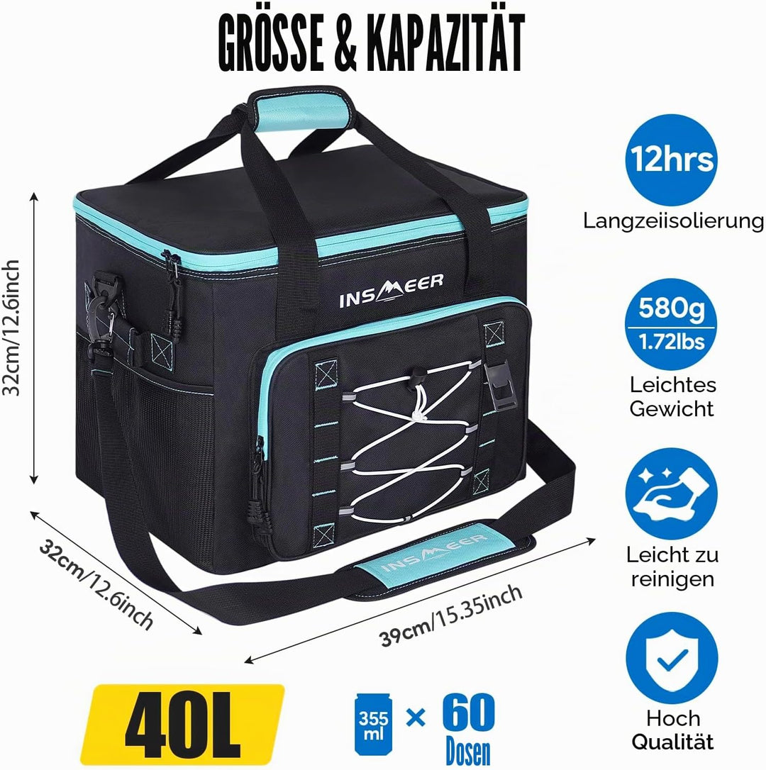 INSMEER Kühltasche 40L/60 Dosen Kühltaschen Grosse, Weiche Kühltasche Faltbar/Auslaufsicher, mit Fla