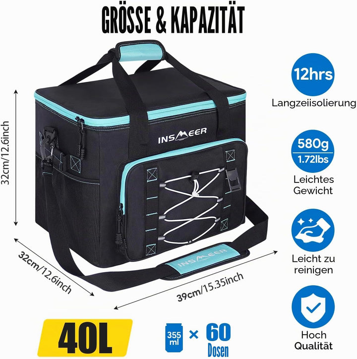 INSMEER Kühltasche 40L/60 Dosen Kühltaschen Grosse, Weiche Kühltasche Faltbar/Auslaufsicher, mit Fla
