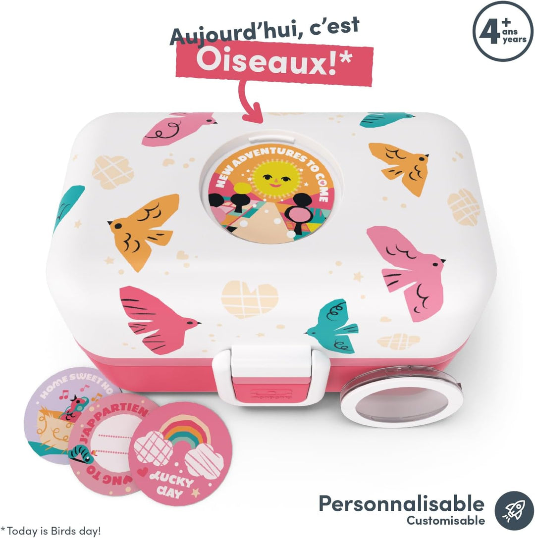 monbento - Lunchbox Kinder MB Tresor rosa Birds - Brotdose Kinder mit 3 Fächern - Ideal für Mittages