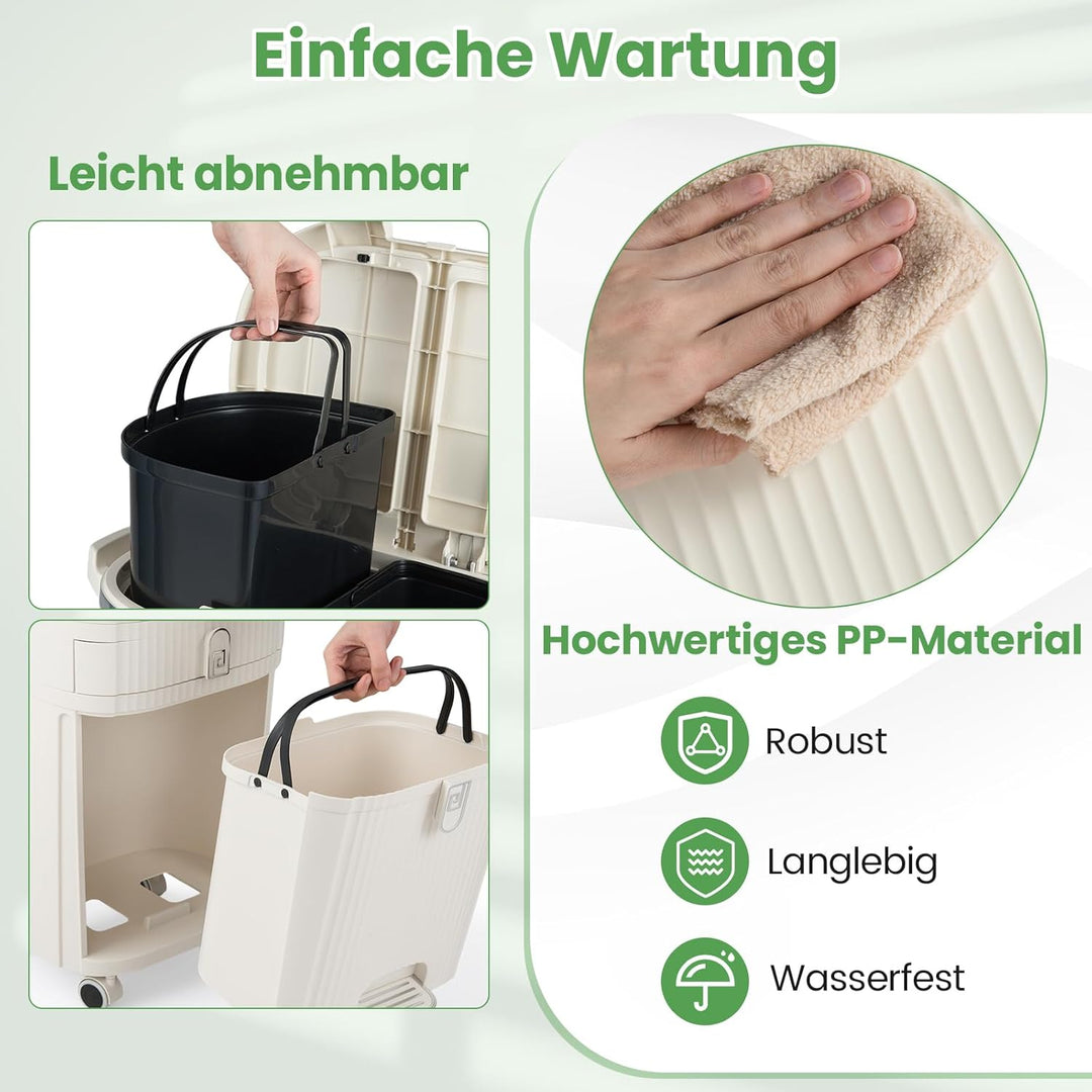 COSTWAY Mülleimer Küche, Mülltrennsystem 3 Fächer, 2 x 12L Inneneimer & 14L Treteimer, Abfalleimer m
