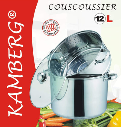 Kamberg – 0008073 – Couscoustopf/Dampfgarer/Kochtopf  (3‑in‑1) – Durchmesser 28 cm – 12 Liter – Hoch