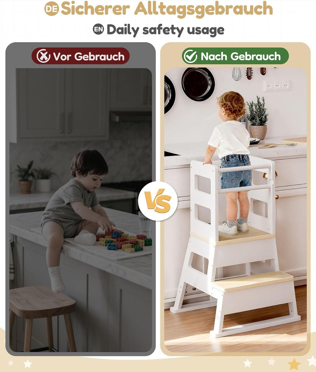 Yorbay Kinder Lernturm ab 1 Jahr: Stylisch Learning Tower mit Tafel - Massiv Montessori Lernturm Kin