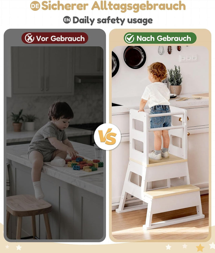 Yorbay Kinder Lernturm ab 1 Jahr: Stylisch Learning Tower mit Tafel - Massiv Montessori Lernturm Kin