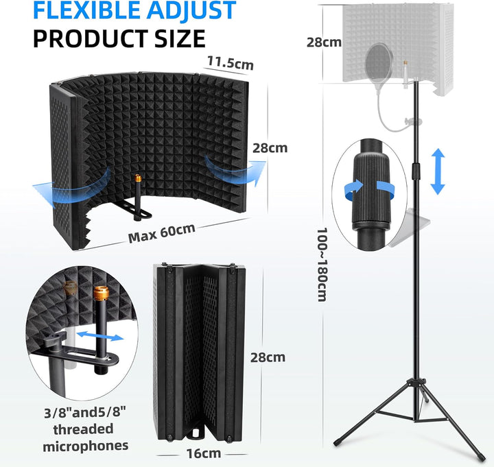 Mikrofon Isolationsschild Set, Schaumstoffschutz mit Pop-Filter, Stativständer, Faltbares Design