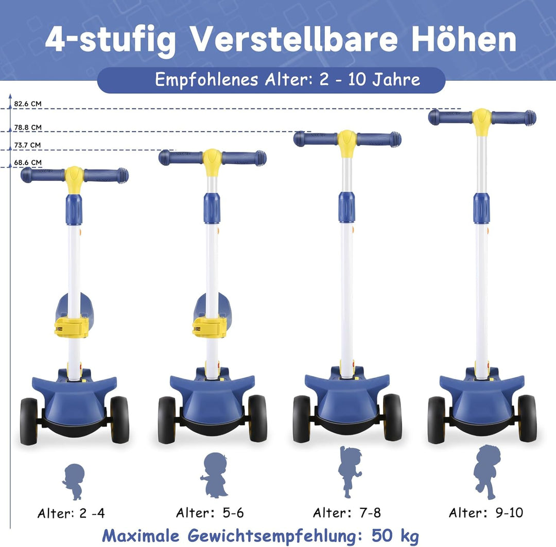Wheelive 2-in-1 Kinder Roller mit Abnehmbarer Sitz, Kinder Scooter mit Blinkenden LED Räder, 4 Höhen