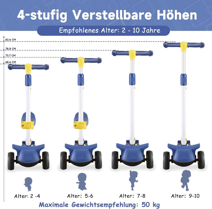 Wheelive 2-in-1 Kinder Roller mit Abnehmbarer Sitz, Kinder Scooter mit Blinkenden LED Räder, 4 Höhen