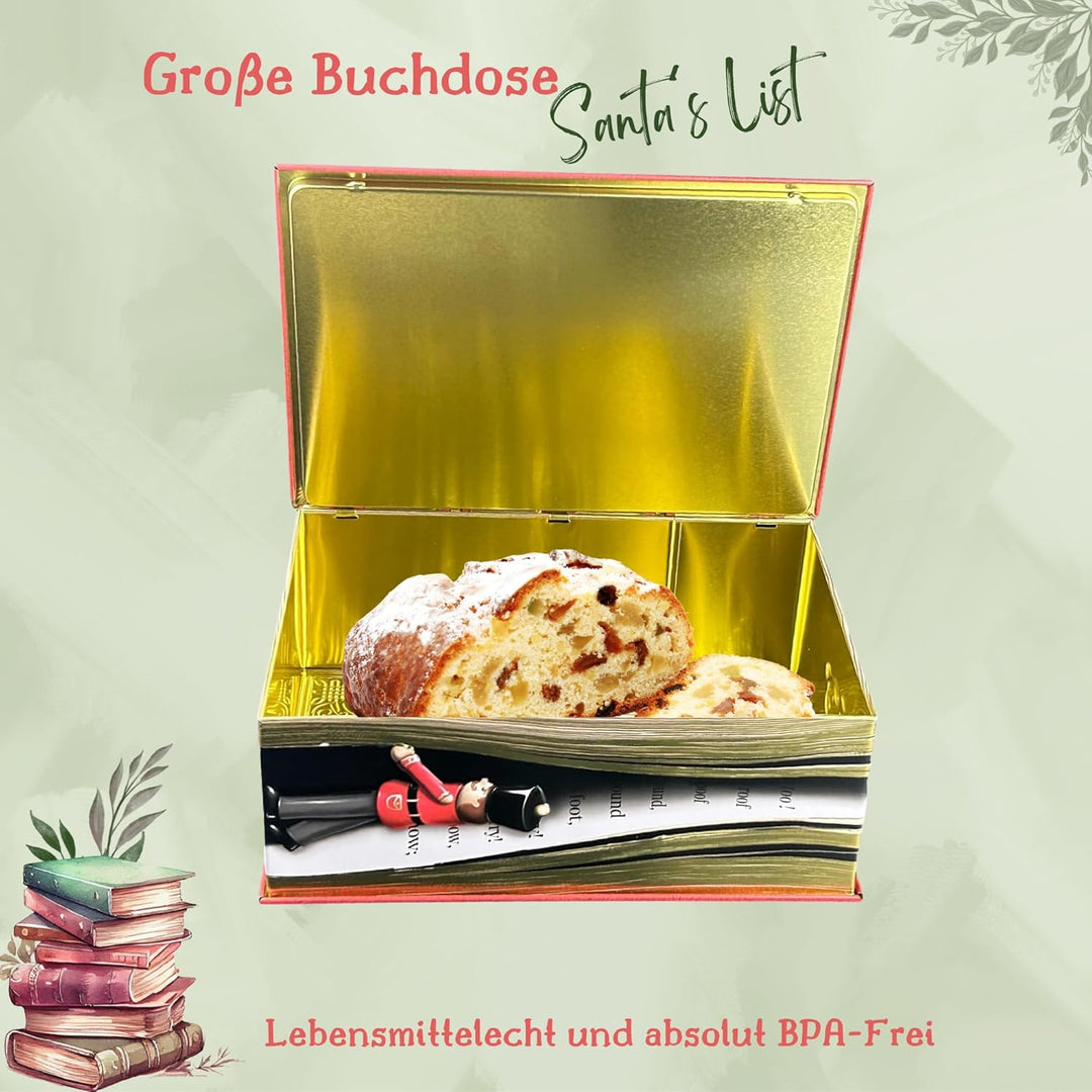 Grosse Buchdose Santa´s List - aufwändig geprägt und bedruckt. Der Weihnachtsmann bereitet sich vor