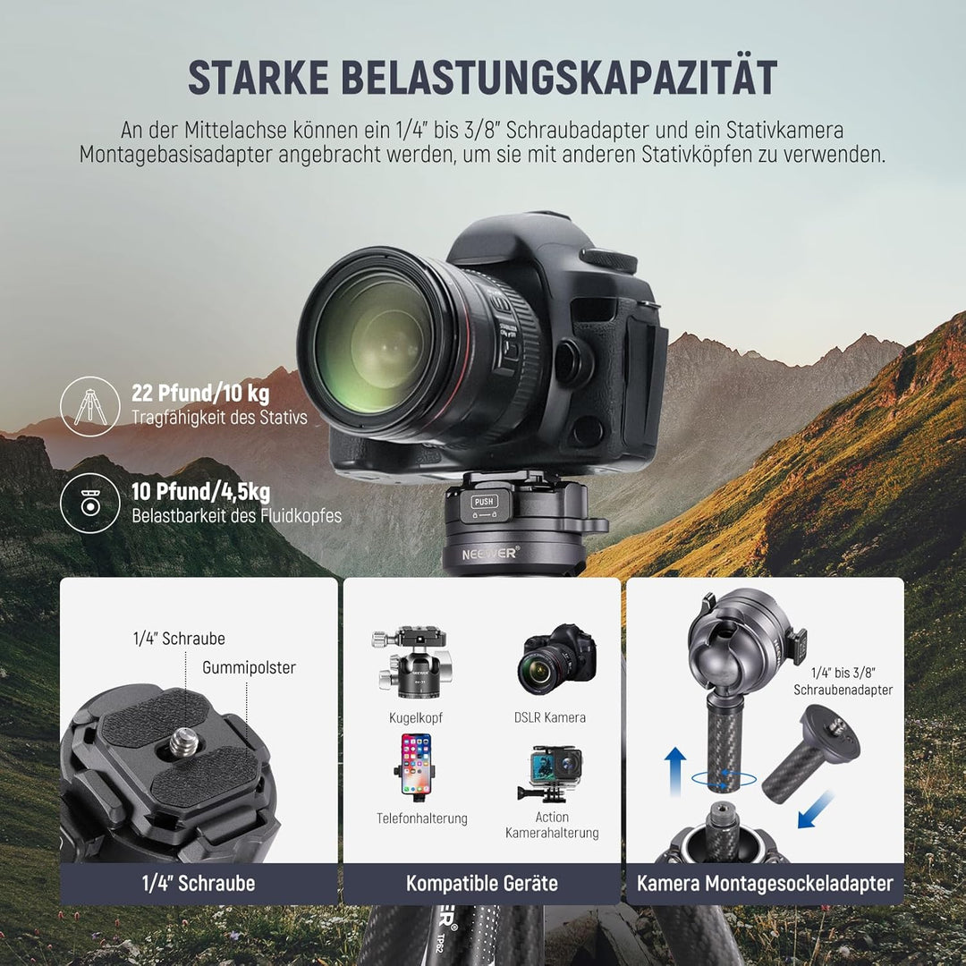 NEEWER LITETRIP LT32 Kamera Reisestativ, tragbarer Ständer aus Carbonfaser, Kugelkopf mit Mittelachs