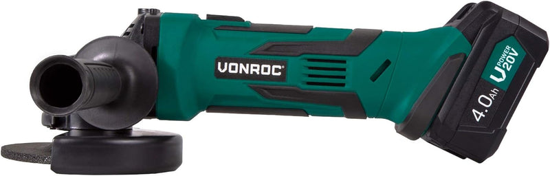VONROC Winkelschleifer VPower 20V, 115 mm - Komplettset mit 1x 4.0Ah Akku, Schnellladegerät, Seiteng