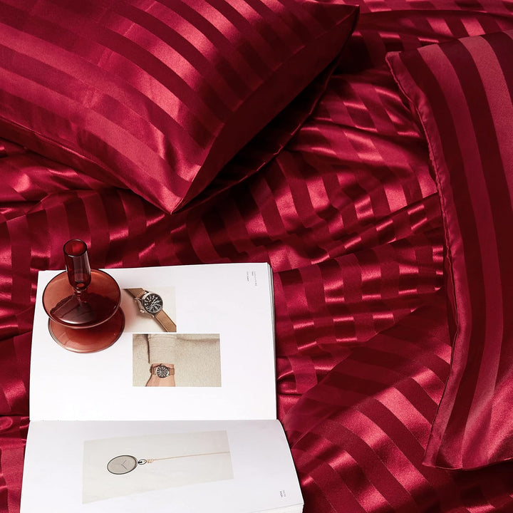 Damier Bettwäsche 155x220cm Rot Satin Glanz gestreift Bettwäsche Set Seidig glänzend Luxus Deckenbez