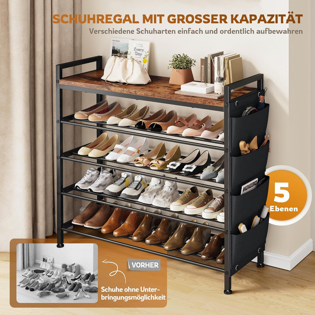 Schuhregal platzsparend 5 Ebenen für 16-20 Paar, Schuhschrank schmal mit Seitentaschen, Metall-Holz