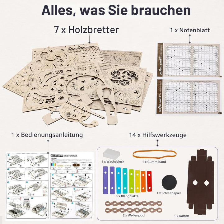 nicknack Holz 3D Puzzle Musikbox Mechanisch Handgekurbelt Modellbausatz Holzpuzzle für Erwachsene Te