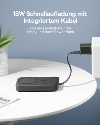 Baseus Magsafe Powerbank PD 30W, 10000mAh Magnetische Externe Batterie mit Integriertem USB-C Kabel