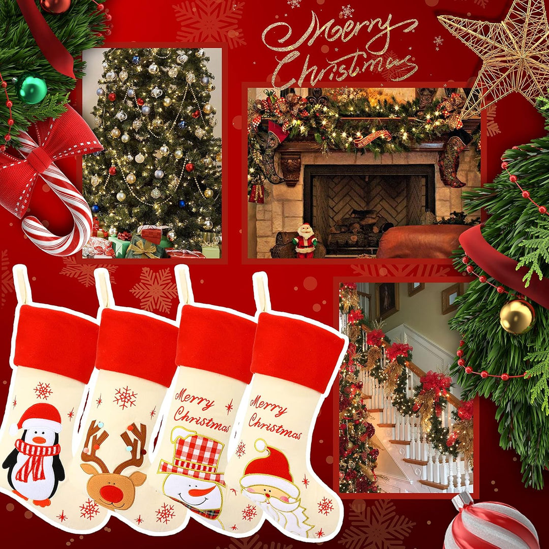 Hopearl Weihnachtsstrümpfe Set 4er - Rustikale Leinen Socken mit Weihnachtsmann, Schneemann, Rentier