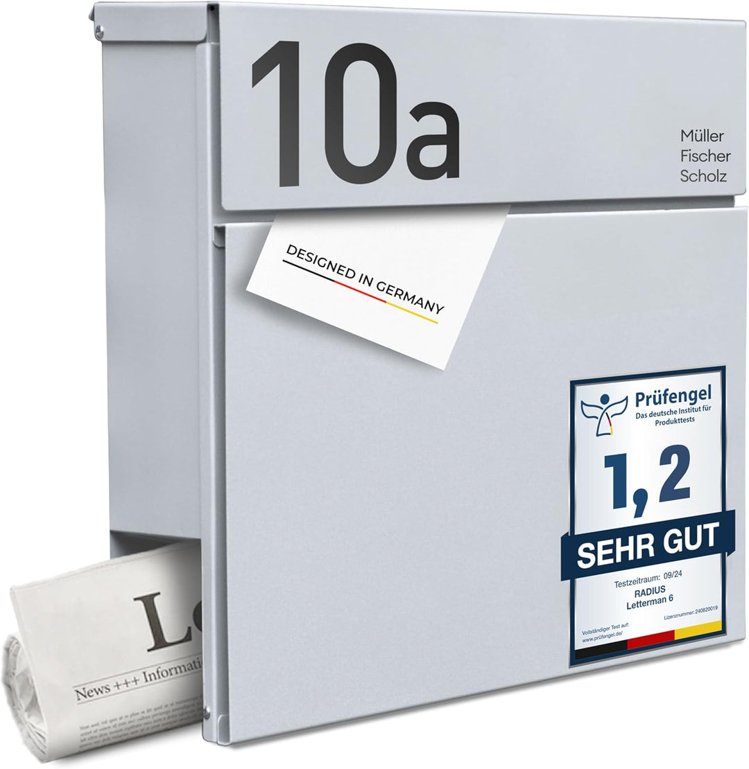 Radius® Designer Briefkasten Edelstahl - Hausnummer & Briefkasten Namensschild personalisiert mit La